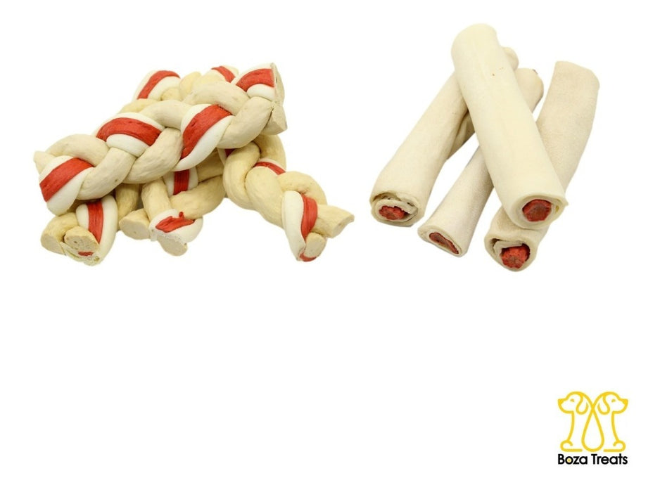 4 Trenzas Vainilla Y 4 Rollos Sabor Tocino Carnaza Premios
