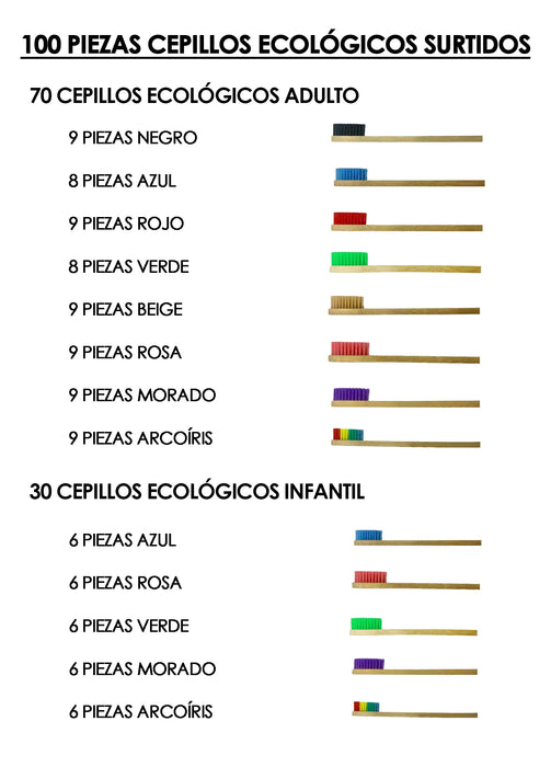 Paquete 100 Cepillo Dientes Bambú Mix Biodegradable Adu/nin@
