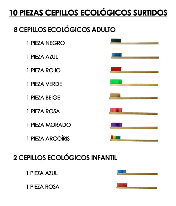 Paquete 10 Cepillo Dientes Bambú Mix Biodegradable Adu/niñ@