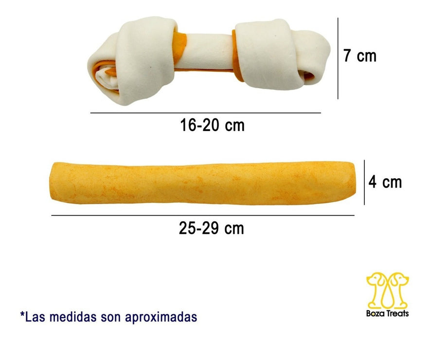 2 Nudos Huesos Y 2 Rollos Sabor Queso Carnaza Premios 4pzas