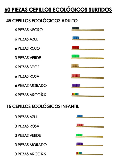 Paquete 60 Cepillo Dientes Bambú Mix Biodegradable Adu/niñ@